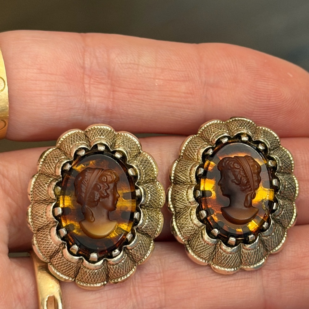 Vintage W.Germany Gold and Brown Cameo Earrings